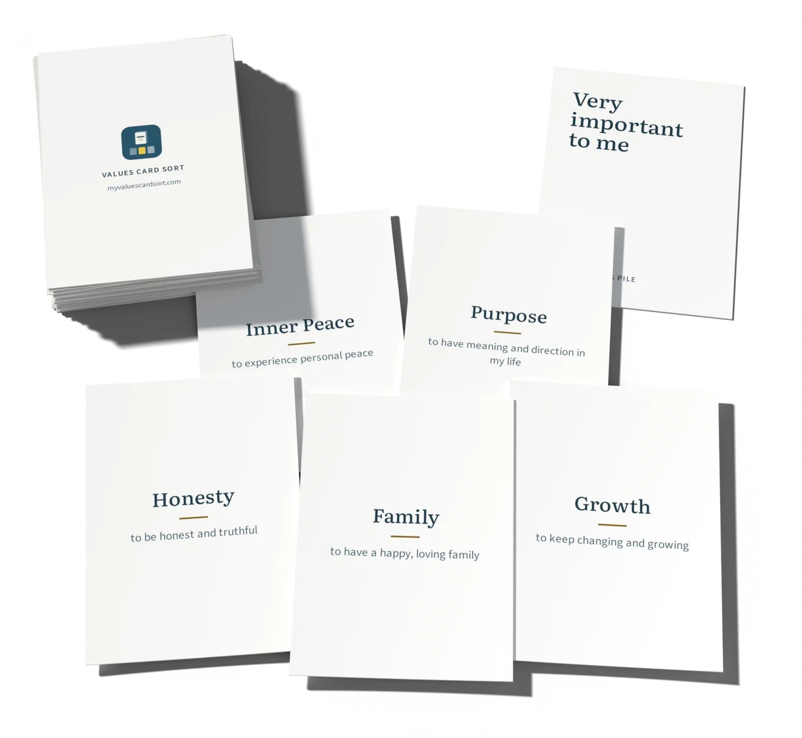 The printed card deck beside the Very Important to Me pile, with an example top five laid out on the table: Family, Honesty, Growth, Inner Peace, and Purpose, each with the meaning from its card