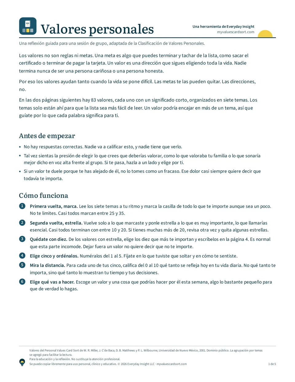 La primera página de la hoja para participantes, con una introducción a los valores, notas antes de empezar y los seis pasos de la actividad