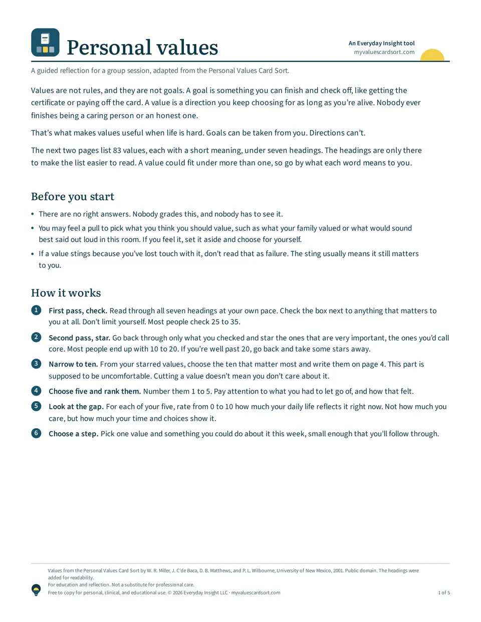 The first page of the participant handout, with an introduction to values, notes before starting, and the six steps of the activity