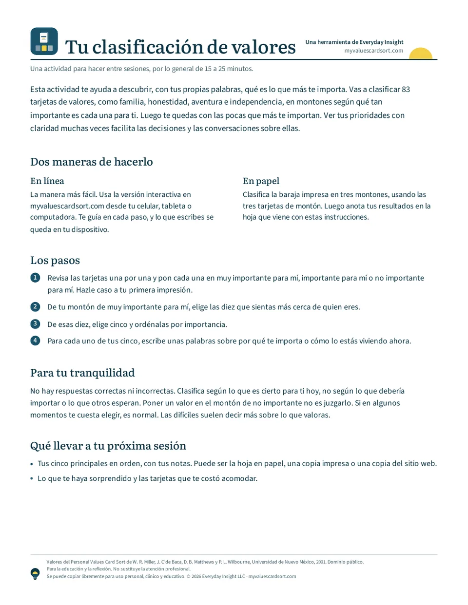Las instrucciones de una página, con dos maneras de hacer el ejercicio, los cuatro pasos y qué llevar a la próxima sesión