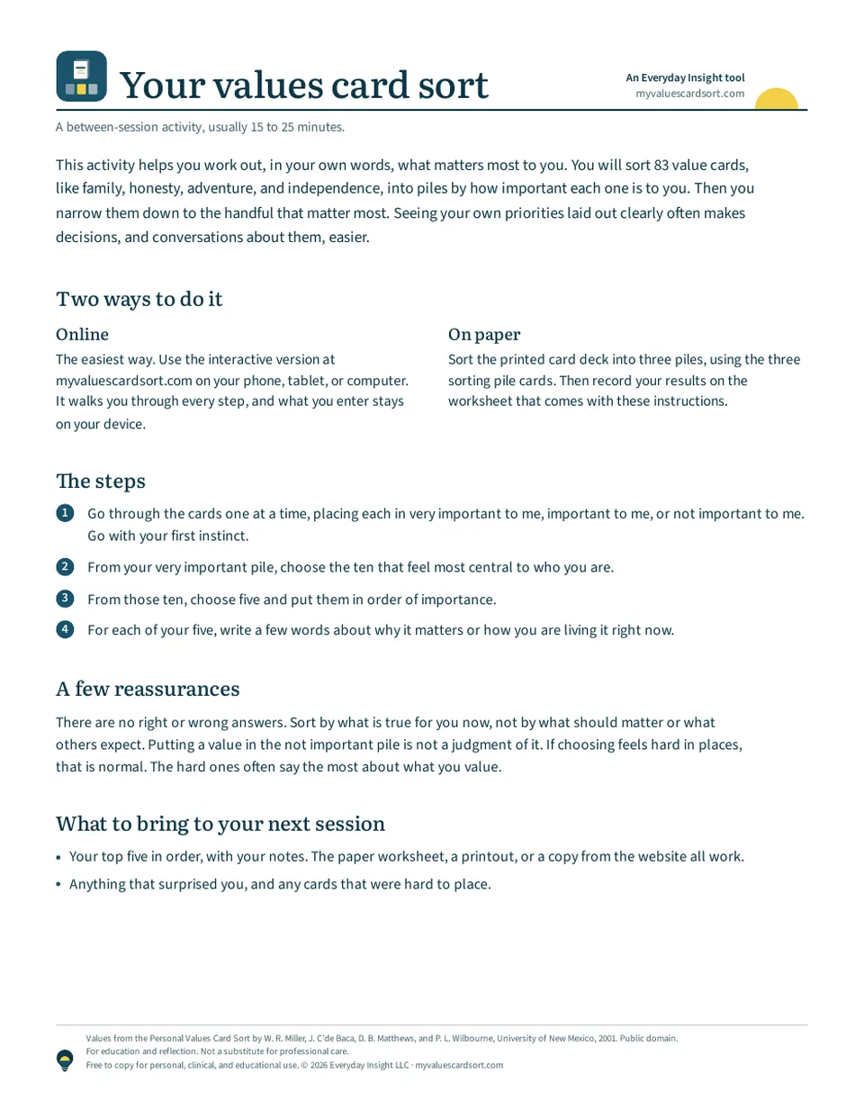 The one-page client instructions, with two ways to do the sort, the four steps, and what to bring to the next session